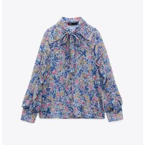 Zara Blue Floral Print Tie Neck Long Sleeve Sheer Blouse with Ruffles